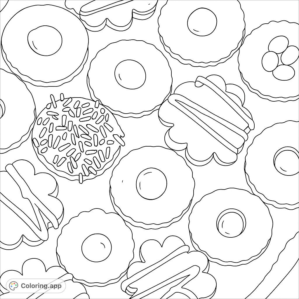 A delightful assortment of various cookies, including round ones with fillings, scalloped shapes with icing, and a sprinkle-covered treat, perfect for sweet coloring fun.
