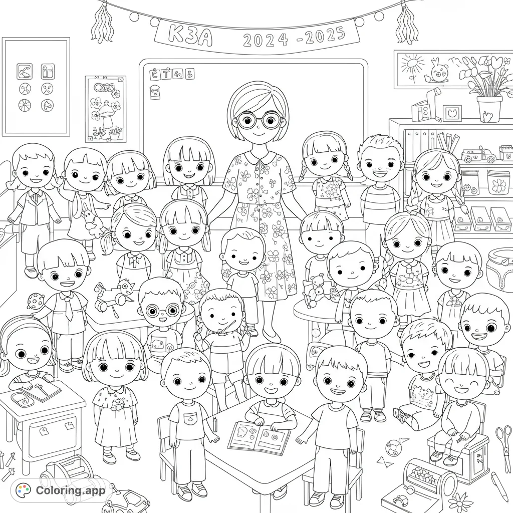 A joyful classroom scene with a smiling teacher and many happy students, perfect for a fun and educational coloring adventure for all ages.