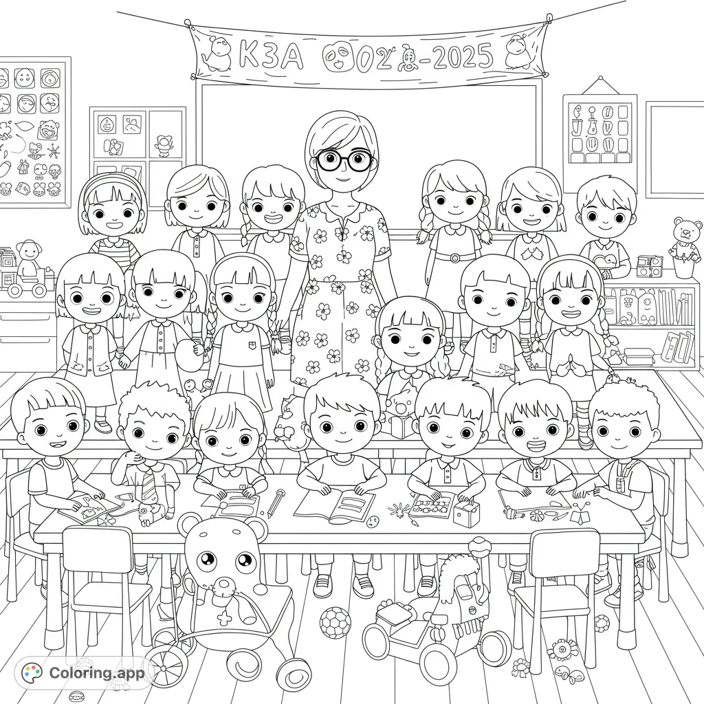 A delightful classroom scene with a kind teacher and happy students engaged in various activities, perfect for a free printable coloring page.