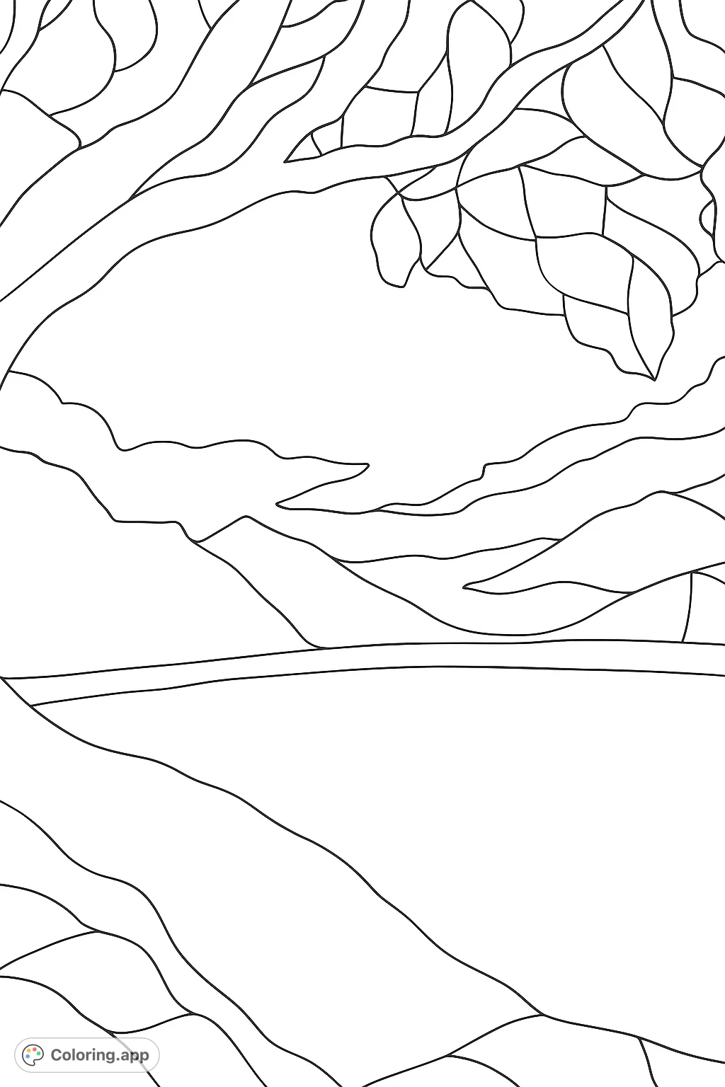 An abstract landscape with a striking tree branch overlooking a tranquil lake and layered mountains beneath a vast sky, offering a unique artistic coloring experience.