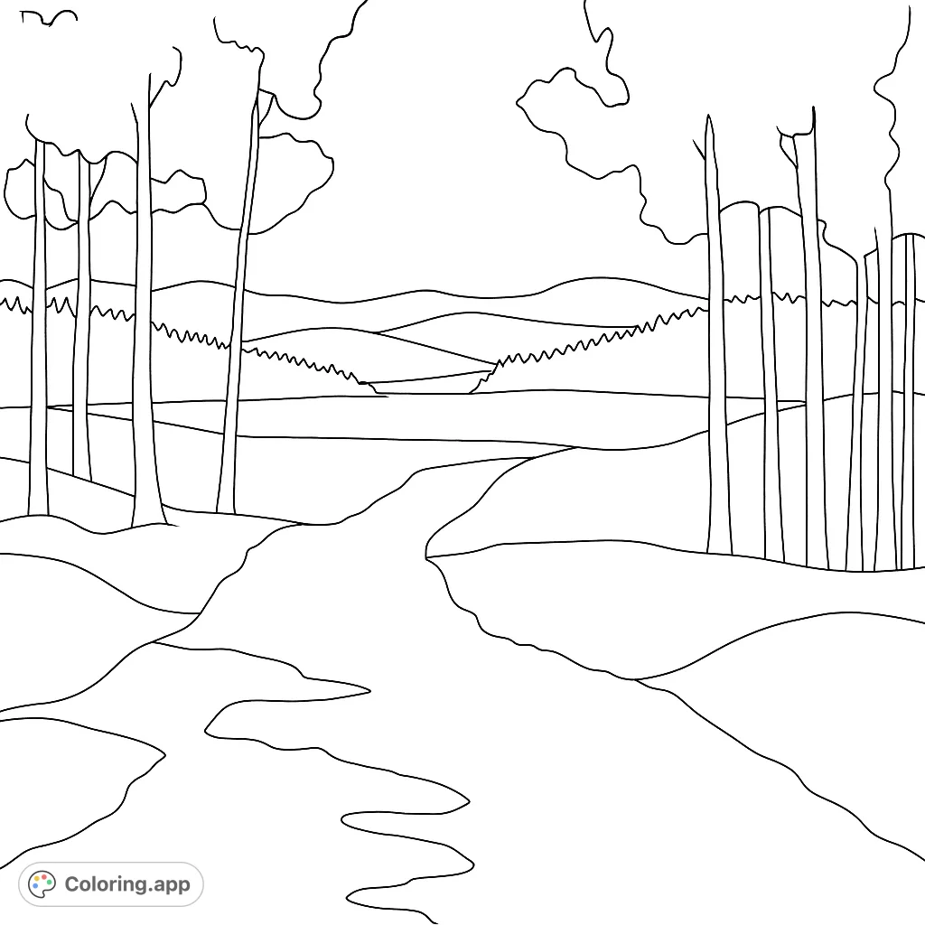 A scenic landscape coloring page featuring a winding path leading to a serene lake surrounded by trees and rolling hills. A nature escape!