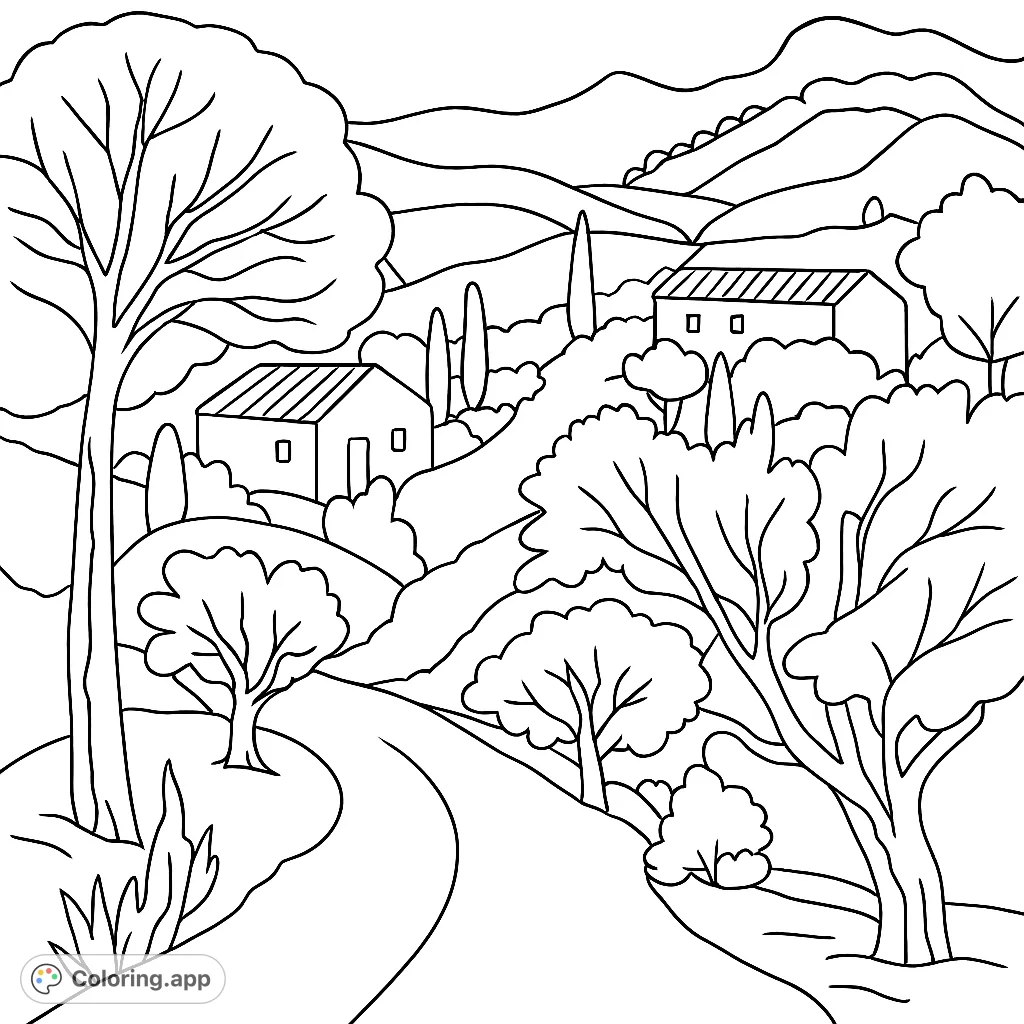 Detailed landscape coloring page featuring a winding road, houses, trees, and mountains. A beautiful scene to color with lots of details!