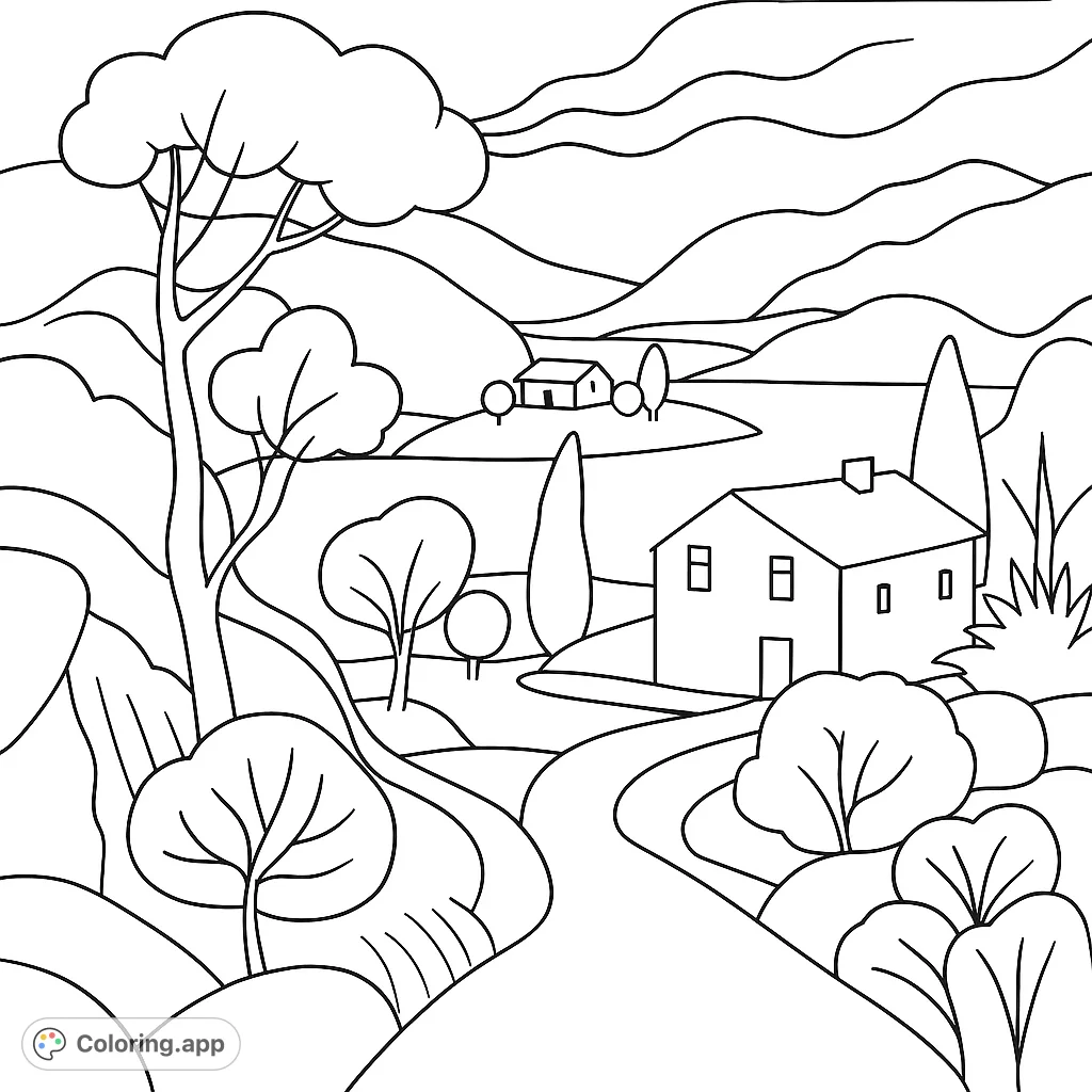 A scenic landscape coloring page featuring a house, winding road, trees, and distant mountains. A relaxing and creative activity for all ages.