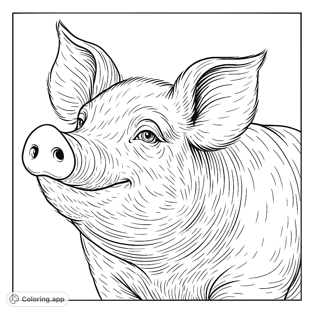 Color a detailed, expressive pig portrait, showcasing its distinctive snout, large ears, and textured features. Perfect for animal lovers and detailed coloring enthusiasts.