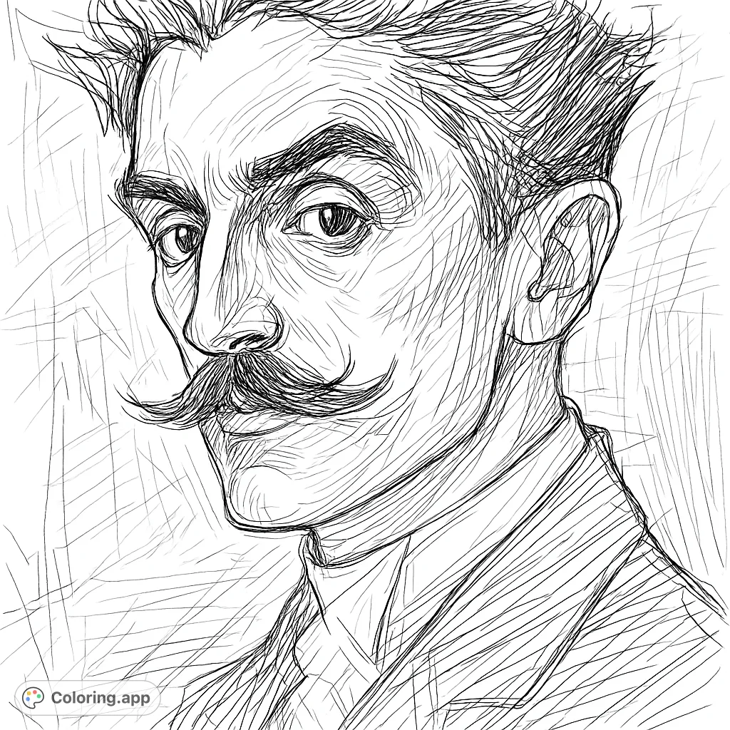 Color a distinguished gentleman's portrait with a magnificent mustache, expressive gaze, and a dynamically textured background. Perfect for detailed artistry.
