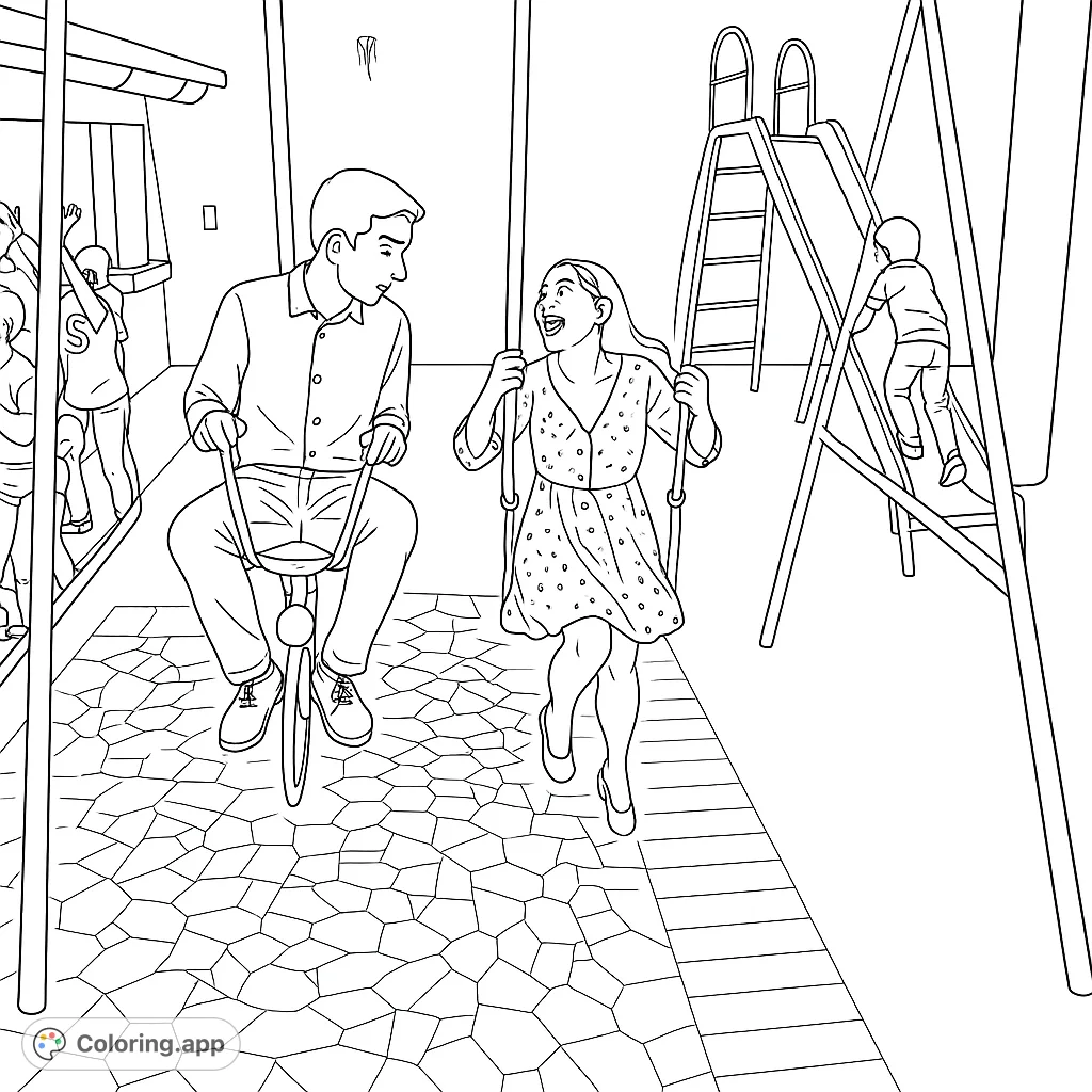 A joyful scene of people enjoying a playground with swings and a slide. A fun coloring page for kids and adults who love outdoor activities.