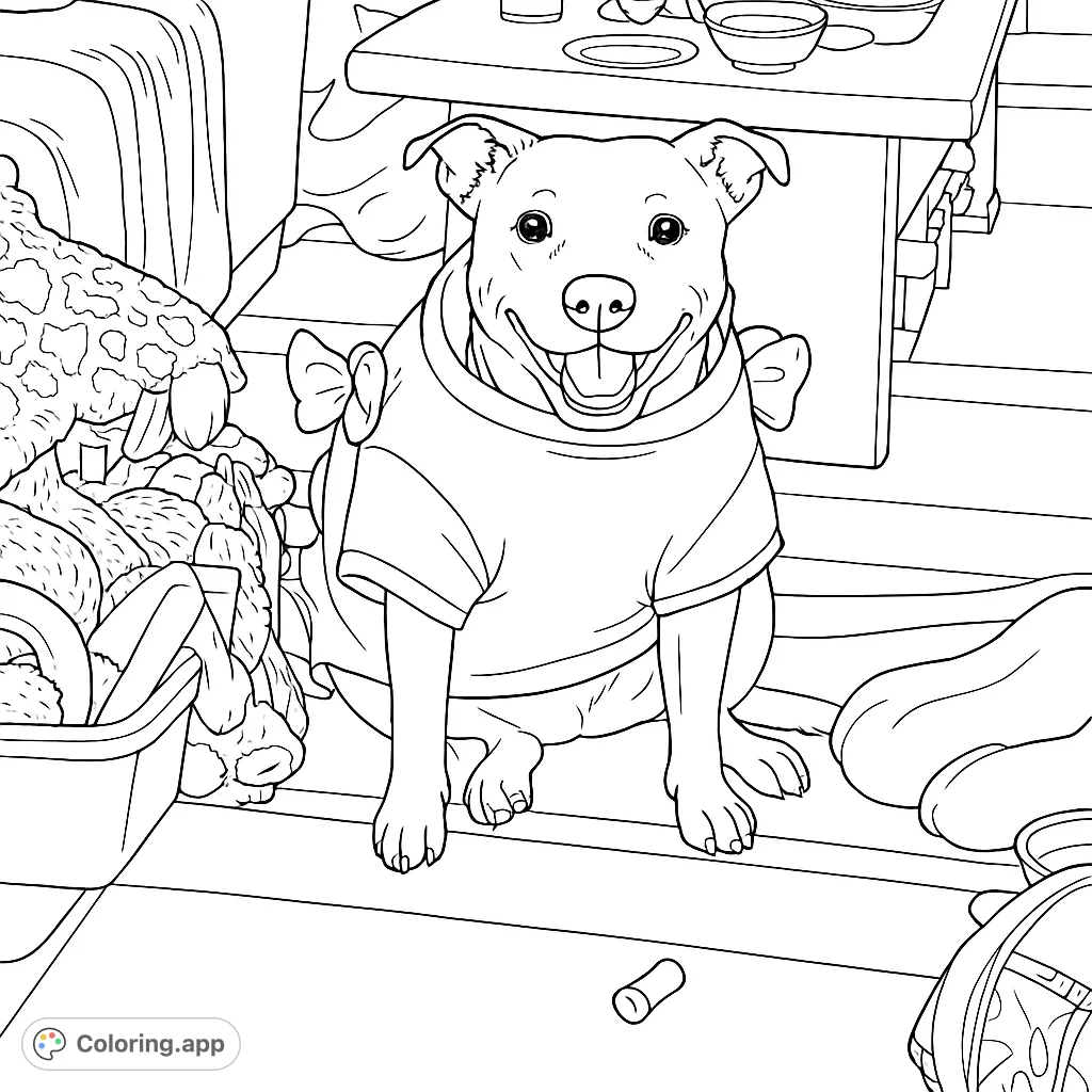 A cute dog is wearing a pink shirt. This coloring page is perfect for kids and adults who love dogs and want a fun activity.
