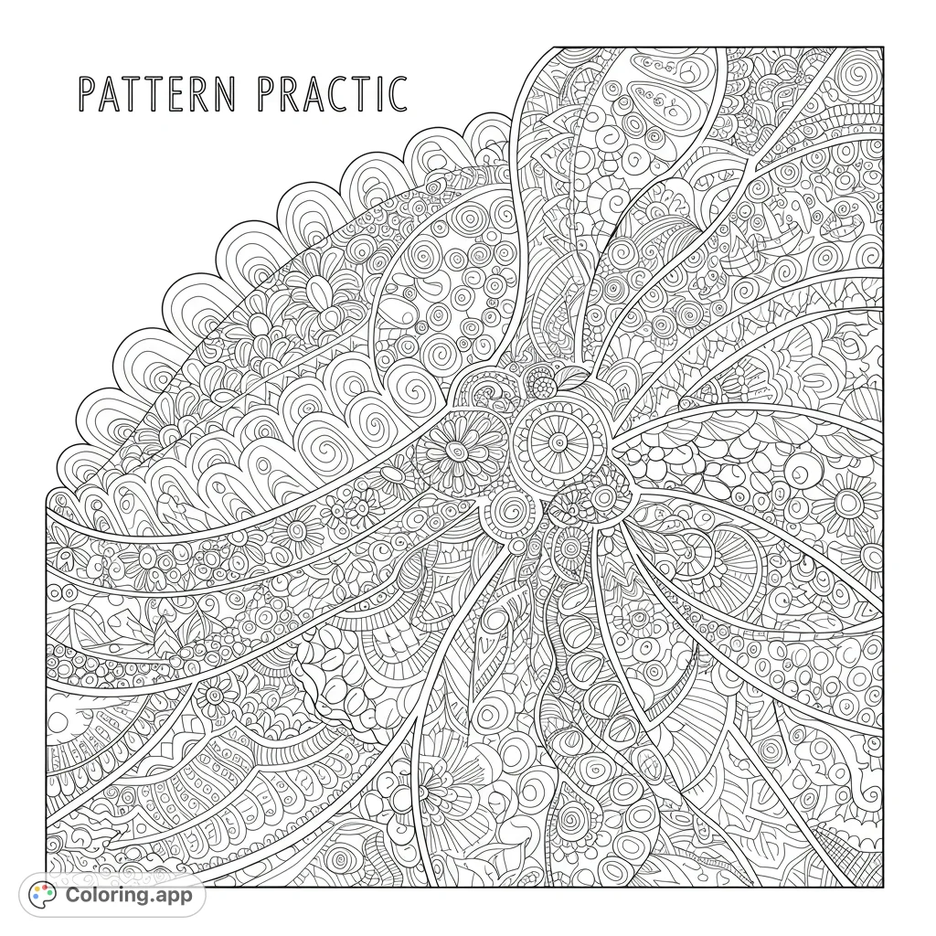 Intricate pattern practice coloring page. Features a variety of geometric shapes and designs with clean lines and open spaces for creative coloring.