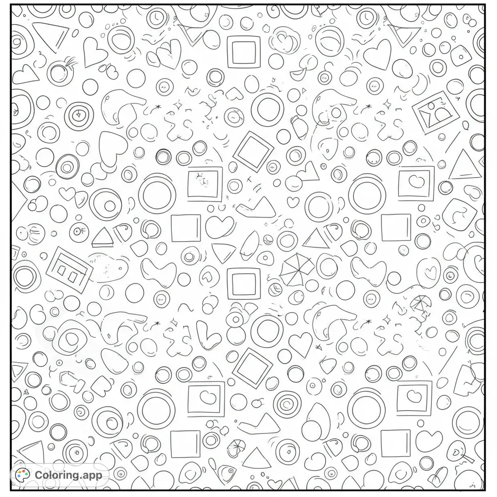 A fun coloring page featuring a mix of geometric shapes. Includes circles, squares, triangles, hearts, diamonds, and hexagons.