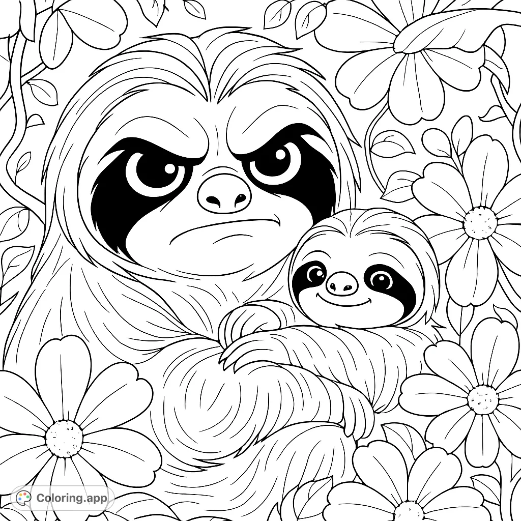 Delightful coloring page of a grumpy sloth mom holding her baby, surrounded by tropical flowers. A fun and engaging activity for kids and adults!
