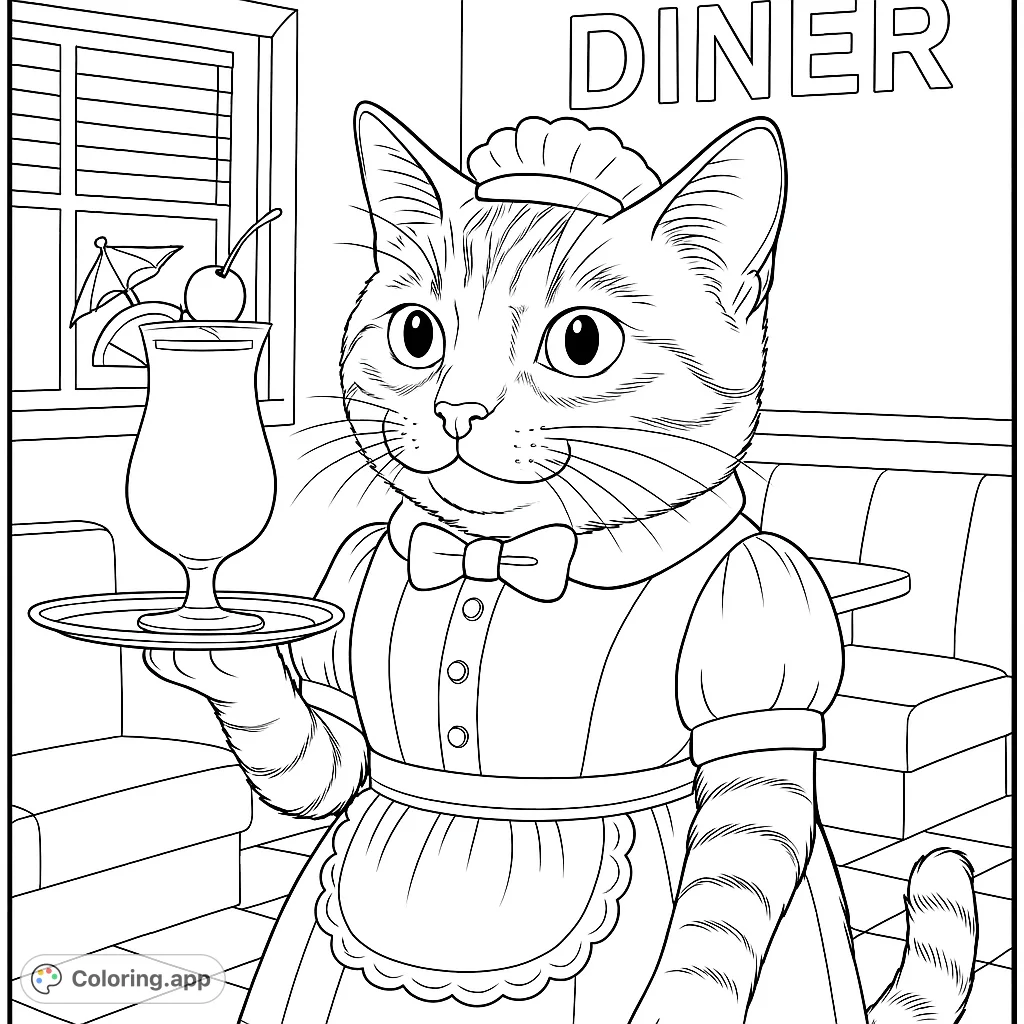 A whimsical coloring page of a cat waitress in a diner, serving a tropical drink. Retro diner vibes and cute anthropomorphic animal art.