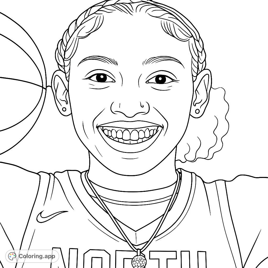 A vibrant basketball player coloring page featuring a smiling young woman with braided hair and a jersey, ready for action. Free printable for sports fans!