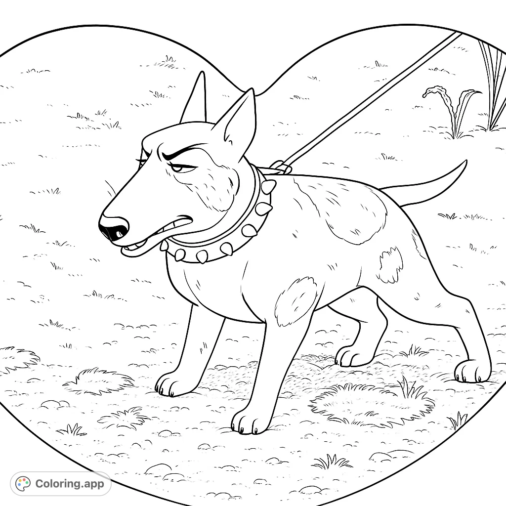 Unleash your creativity with this coloring page of a Bull Terrier wearing a spiked collar! A fun and detailed design for dog lovers of all ages.