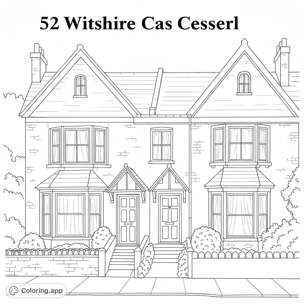 Detailed black and white line drawing of 52 Wiltshire Crescent in Melksham, UK. Features clean lines, open spaces for coloring, and a balanced design for all ages.