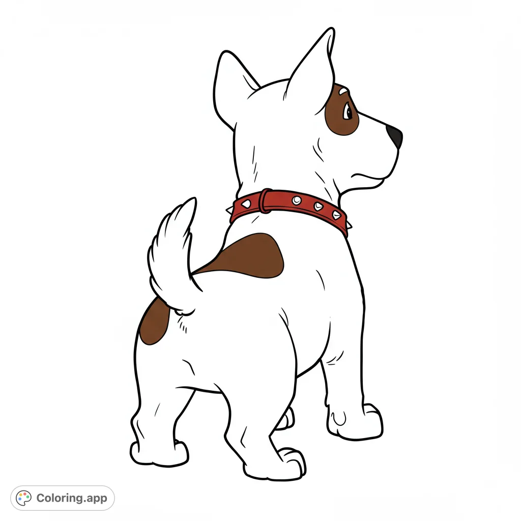 Scud from Toy Story, a vicious white English Bull Terrier with brown patches and a studded red collar, captured in a detailed black and white line art coloring page.
