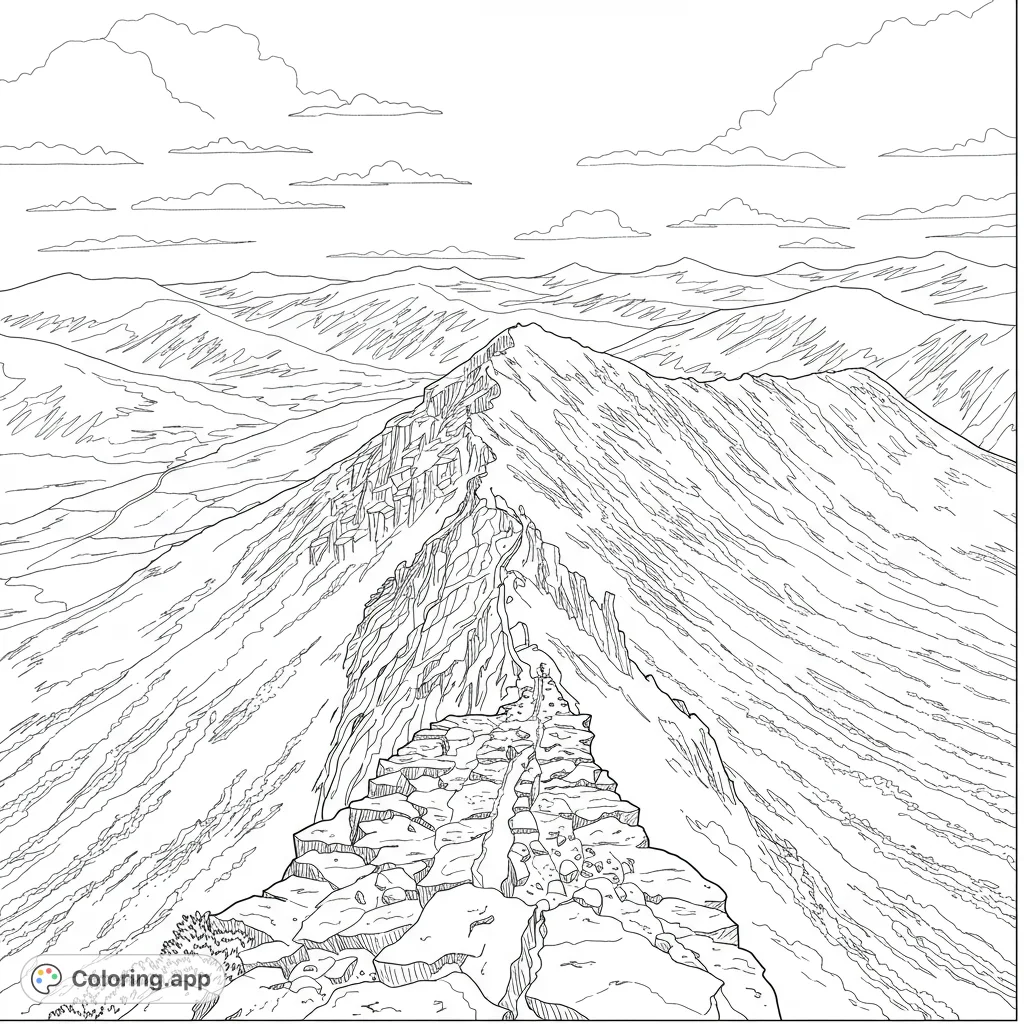 Explore the majestic Crib Goch ridge on Mount Snowdon, Wales. A detailed landscape featuring rugged rock formations and expansive mountain views, perfect for adult colorists.
