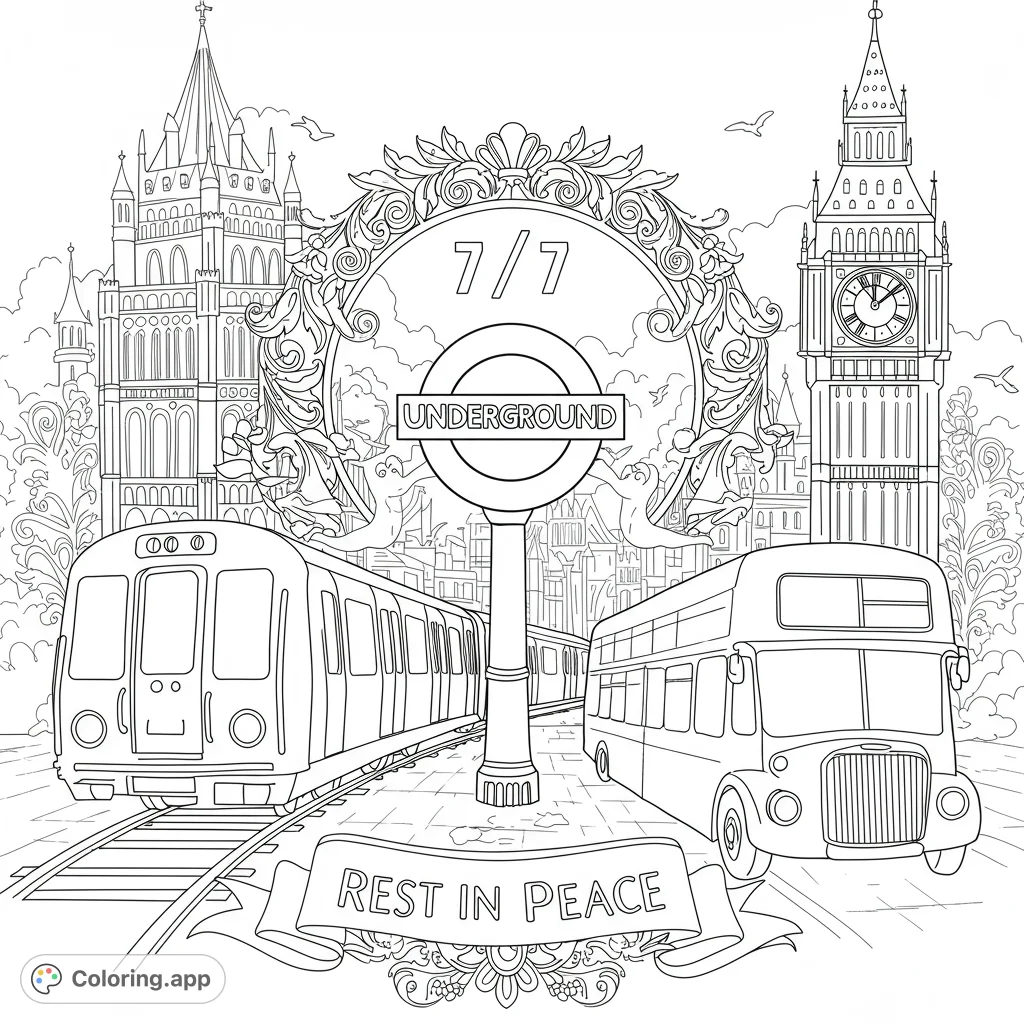 Explore iconic London with a detailed coloring page featuring classic transport and famous landmarks. A free printable London coloring page for all ages.