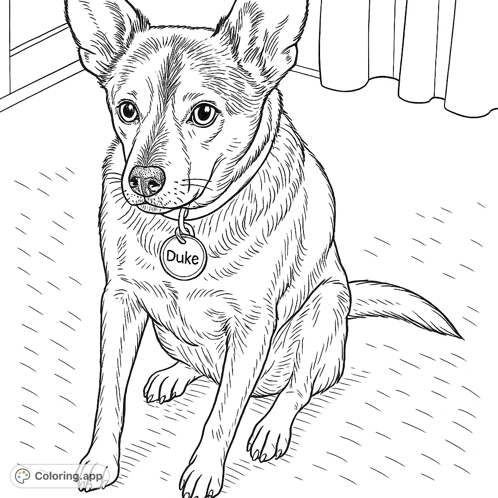 A charming dog coloring page featuring a loyal canine companion sitting patiently, perfect for pet lovers of all ages. Free printable dog coloring page.