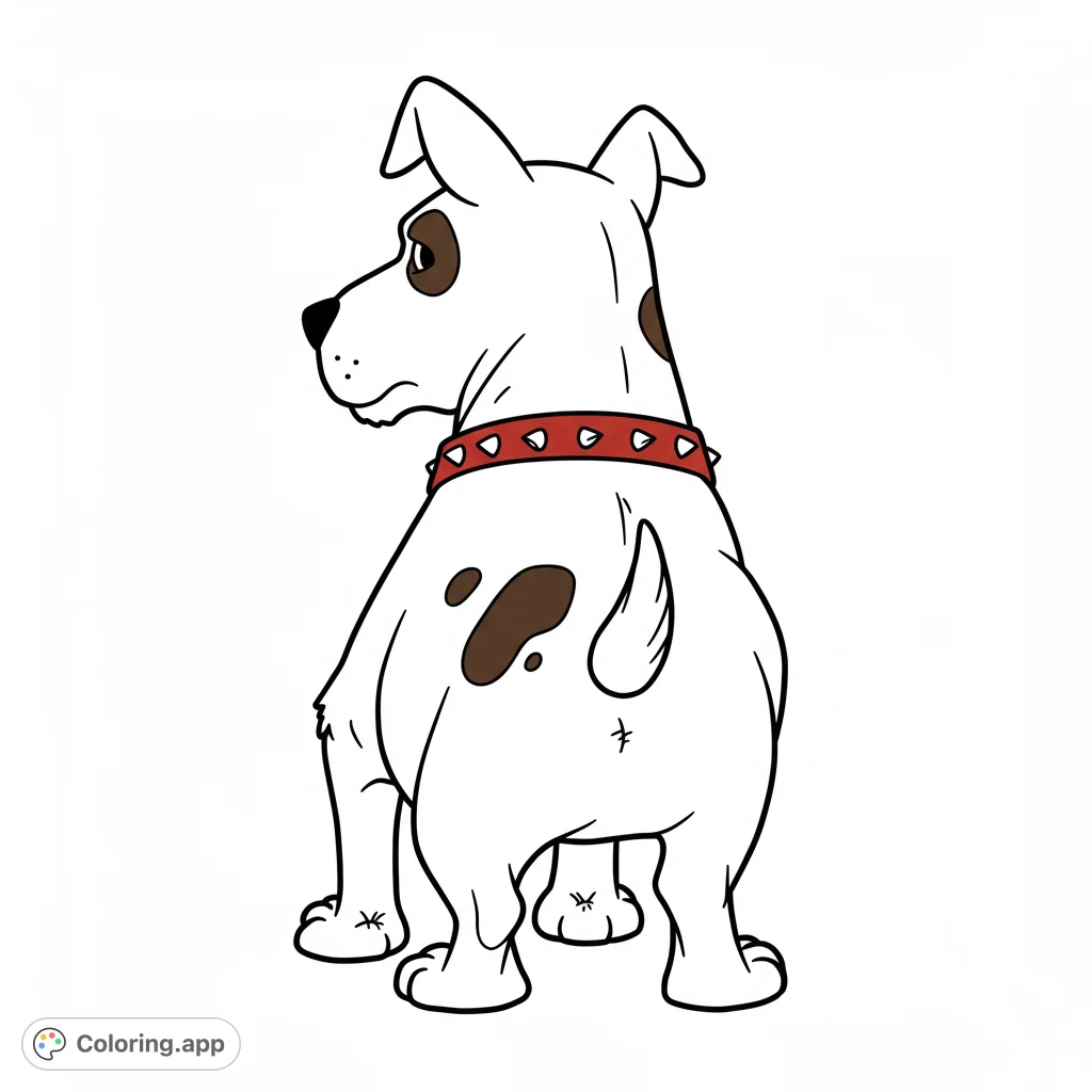 A charming spotted dog with a spiked collar looks back over its shoulder in this free printable dog coloring page, perfect for kids and adults.