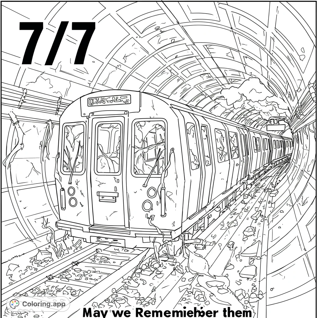 Explore a dramatic subway tunnel aftermath coloring page, featuring a damaged train and debris. A powerful scene for reflection and detailed coloring.