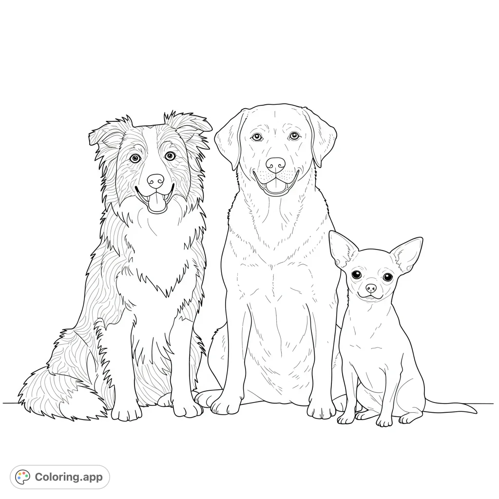 A delightful dog trio coloring page featuring a fluffy collie, a friendly lab, and a tiny chihuahua. Perfect for dog lovers of all ages!