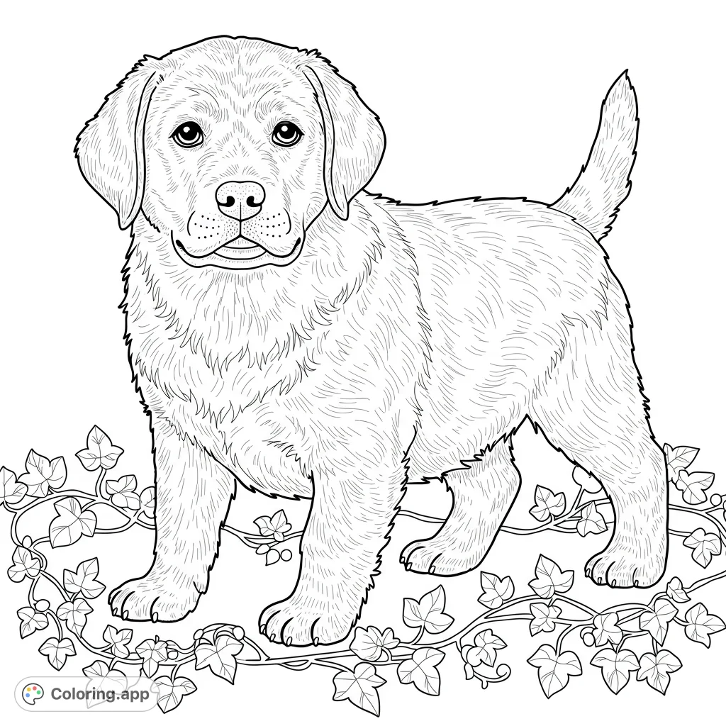 An adorable fluffy puppy stands among winding ivy vines, ready for a splash of color. Perfect for dog lovers and all ages to enjoy.