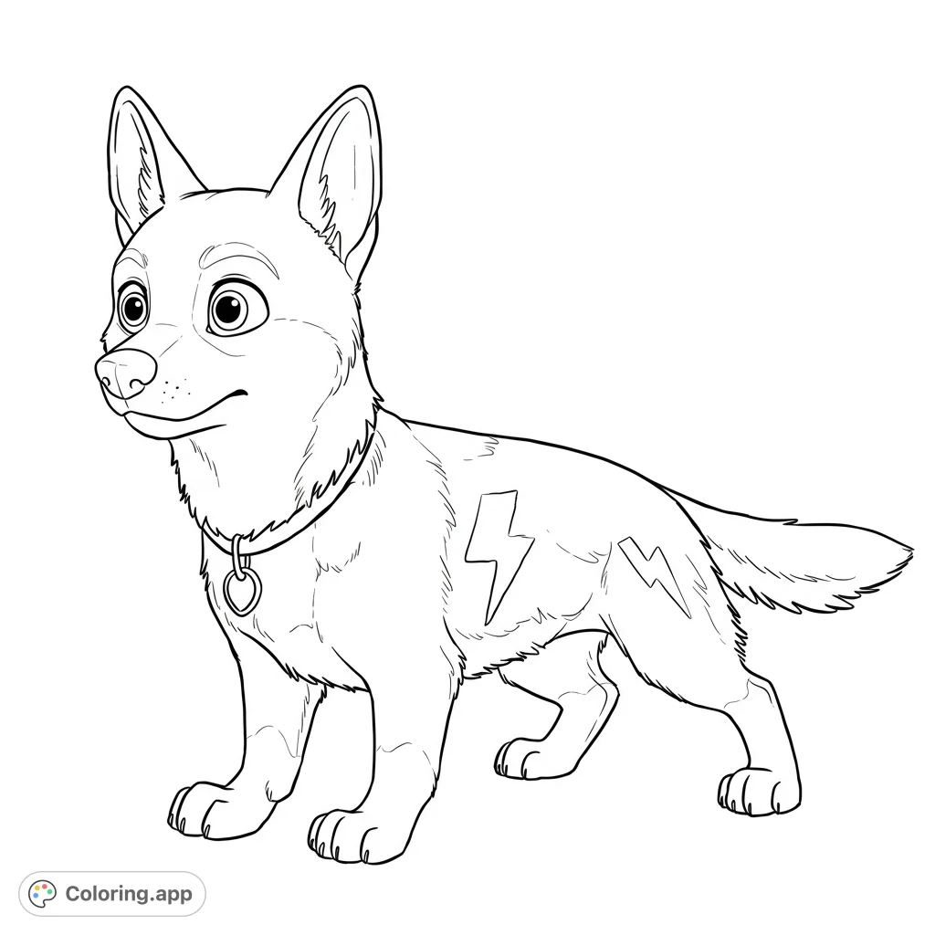 A dynamic Bolt coloring page featuring the brave German Shepherd with his iconic lightning bolt mark and collar, ready for adventure.