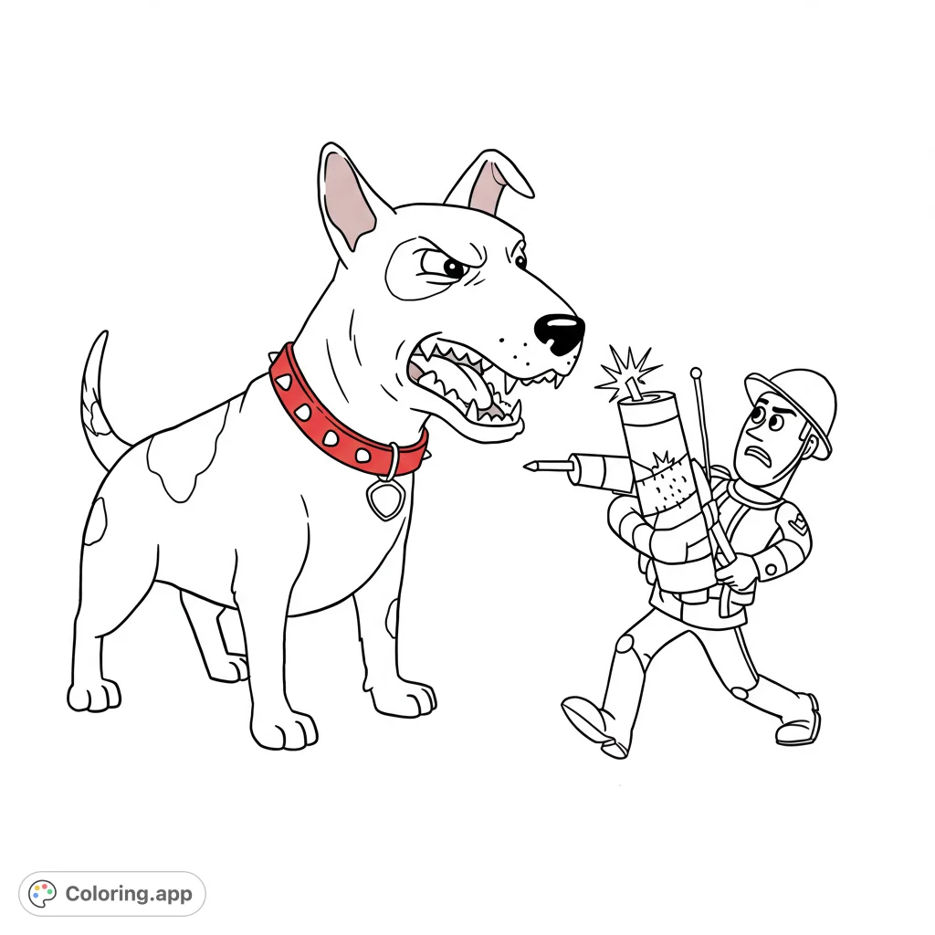 Scud from Toy Story, a vicious English Bull Terrier, growls at a toy soldier with a firecracker. Detailed black and white line art for kids and adults to color.
