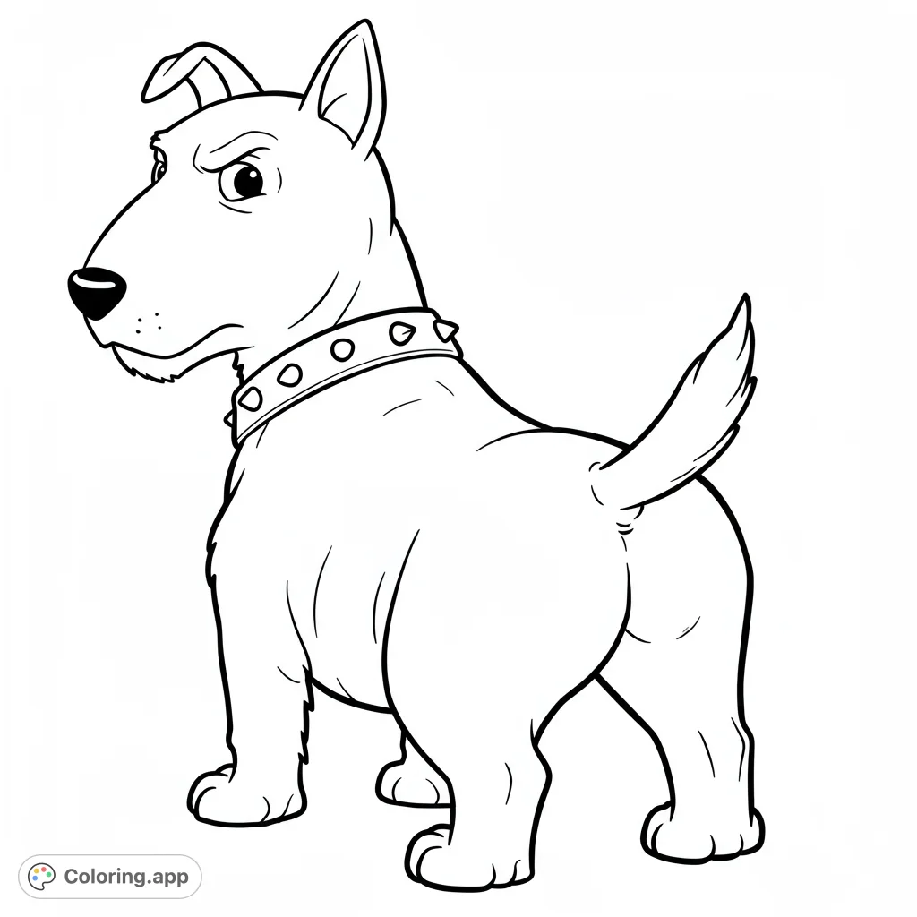 Scud from Toy Story, a mischievous English Bull Terrier, captured in a playful pose. This black and white line art coloring page features clean lines and open spaces for easy coloring.