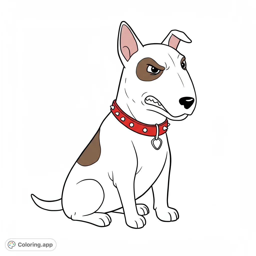 Scud from Toy Story, a vicious English Bull Terrier, ready to color! Features clean lines, dark patches, and a studded collar.