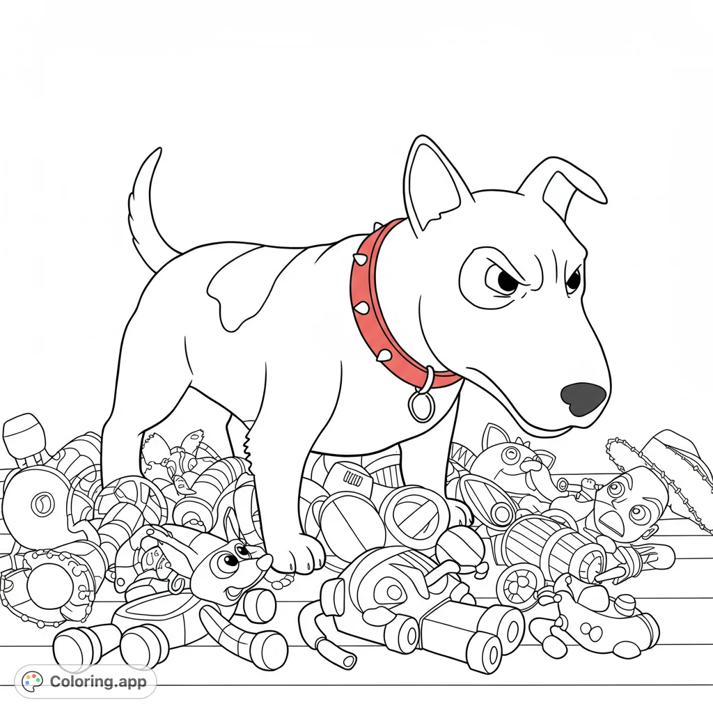 Scud from Toy Story, ready to color! This detailed black and white line art features the menacing English Bull Terrier guarding Andy's toys.