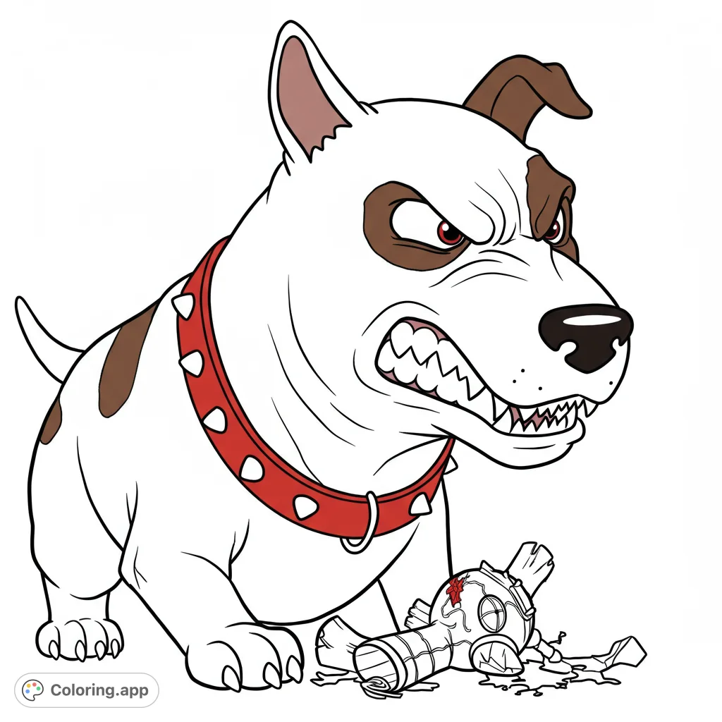 Scud from Toy Story, ready to color! A dramatic low-angle close-up of the vicious English Bull Terrier mid-growl, with a chewed toy.