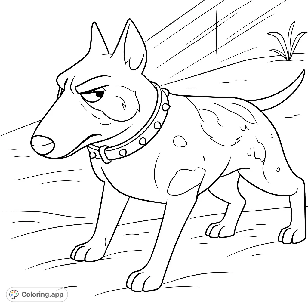 A stern-faced dog with a studded collar stands ready, featuring distinct patches and a simple background. Perfect for dog lovers!