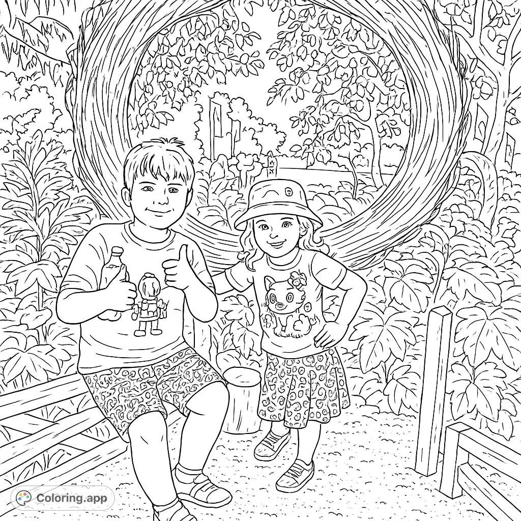 A brother and sister pose in front of a wreath in a garden. This coloring page is great for kids who love nature and family fun!