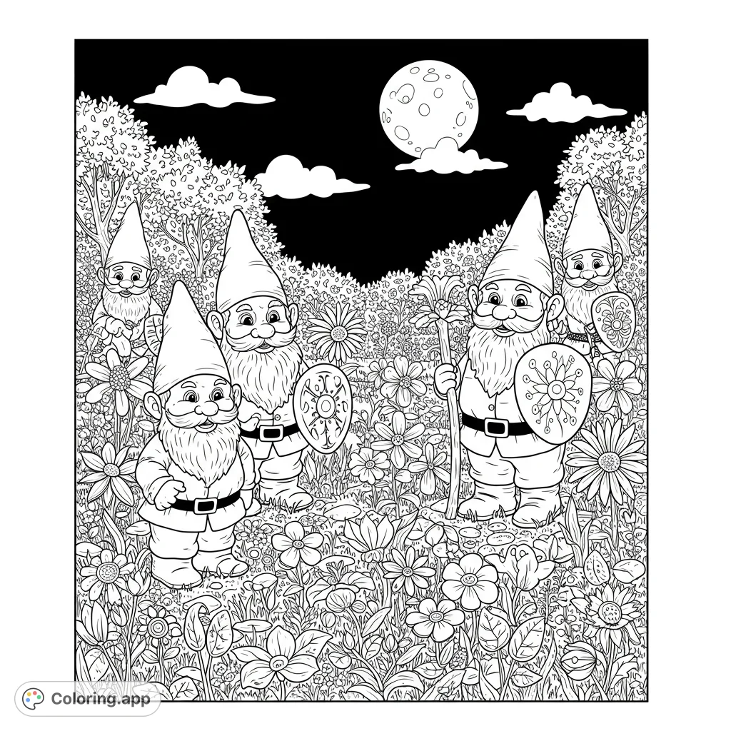 Whimsical garden gnomes stand guard under the moonlight. A detailed black and white line drawing perfect for coloring.