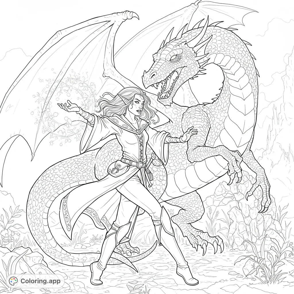 Epic coloring page! A female elf mage battles a fearsome dragon in this detailed black and white line art.