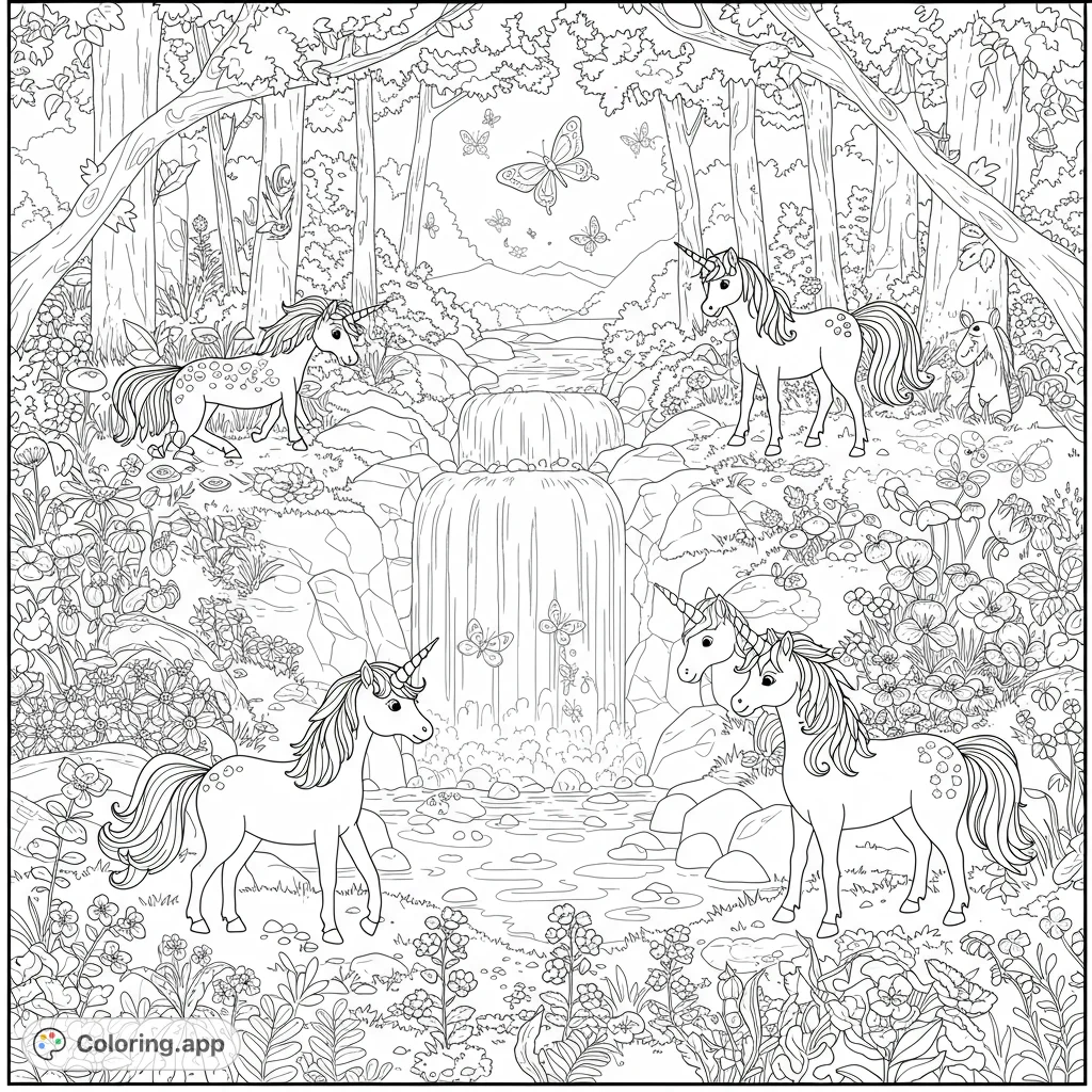 Enchanting coloring page featuring unicorns in a magical forest by a waterfall. Butterflies and flowers add whimsical details.