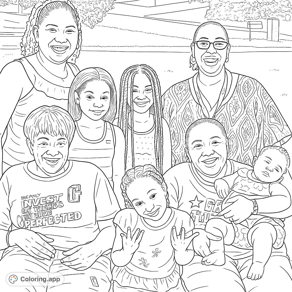A heartwarming family portrait coloring page featuring a multi-generational group smiling together outdoors, perfect for all ages.