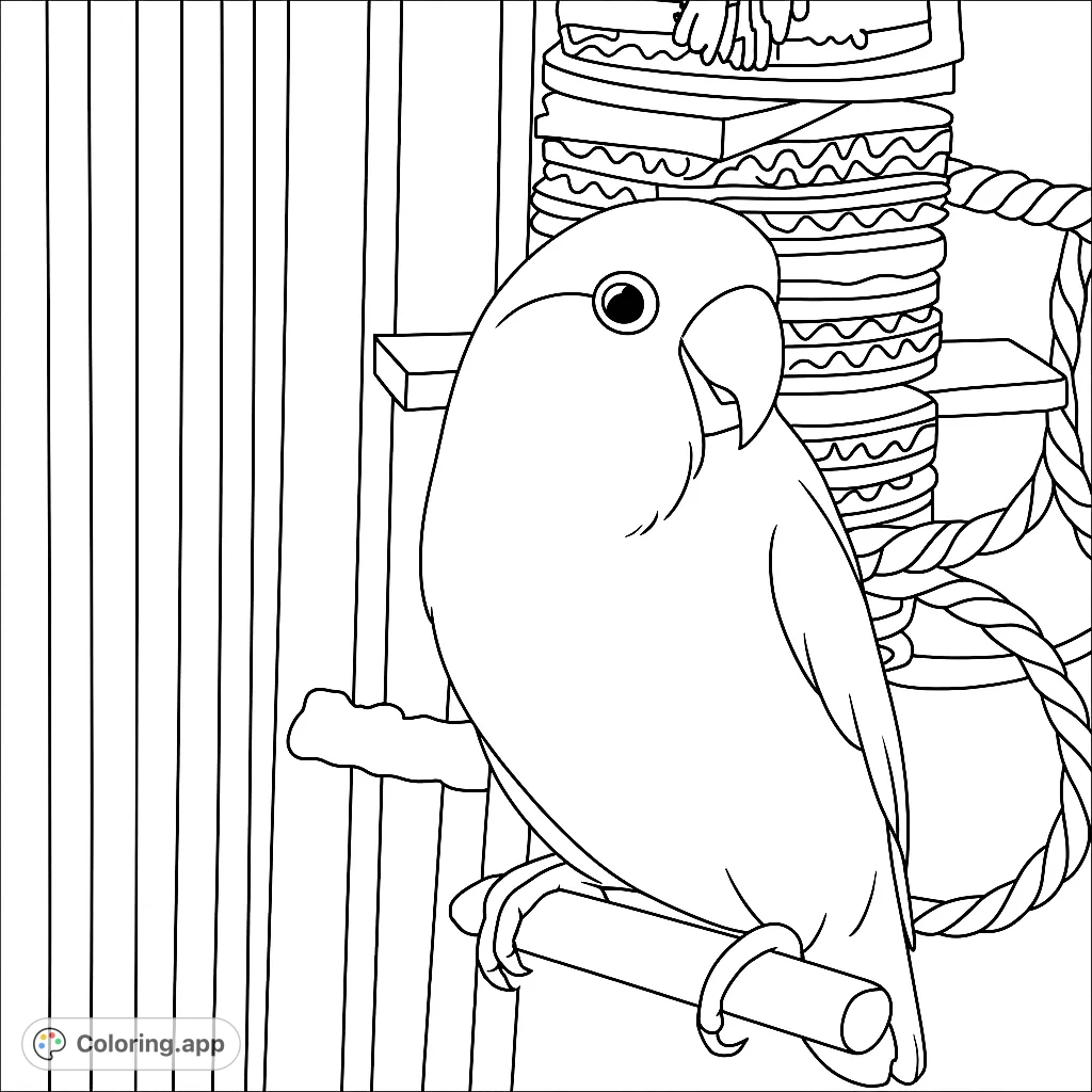 A charming coloring page featuring a cute lovebird perched on its play stand. A delightful avian scene to color and enjoy!