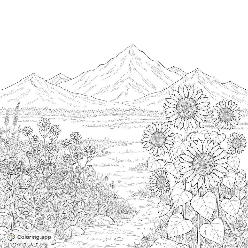 A beautiful black and white coloring page featuring a mountain scene with wildflowers and sunflowers. Perfect for kids and adults to enjoy and get creative with colors.