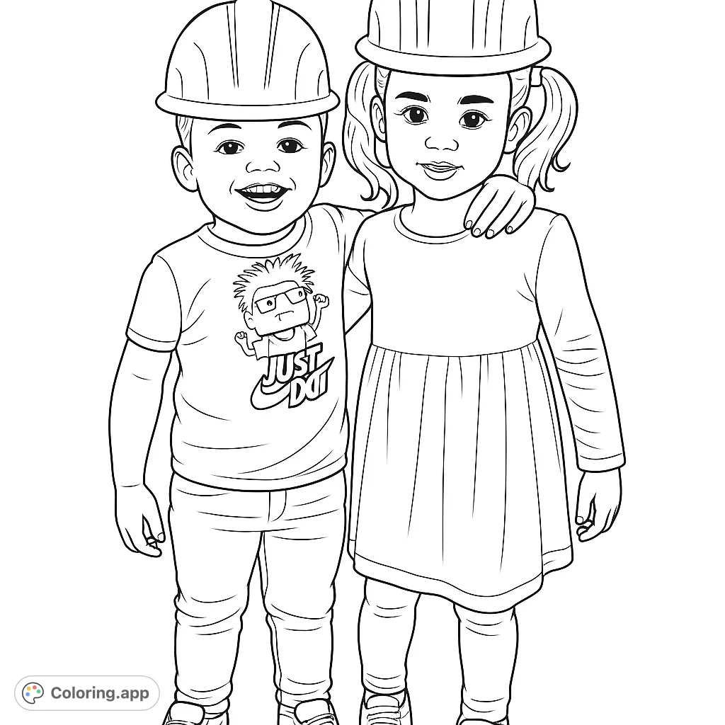 A cute coloring page of two kids wearing construction hats. A fun activity for children who love building and construction themes.
