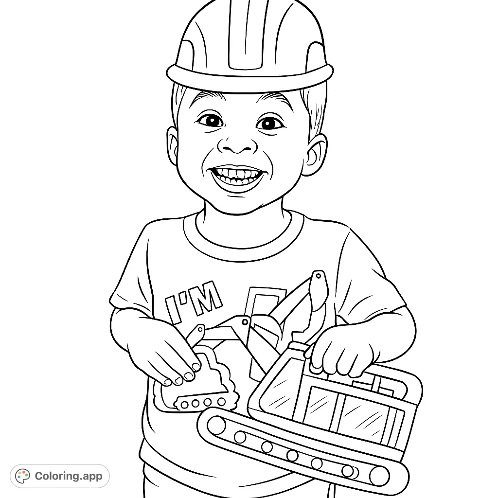 A cute kid with a construction hat and excavator toys. A fun coloring activity for kids who love construction vehicles and imaginative play.