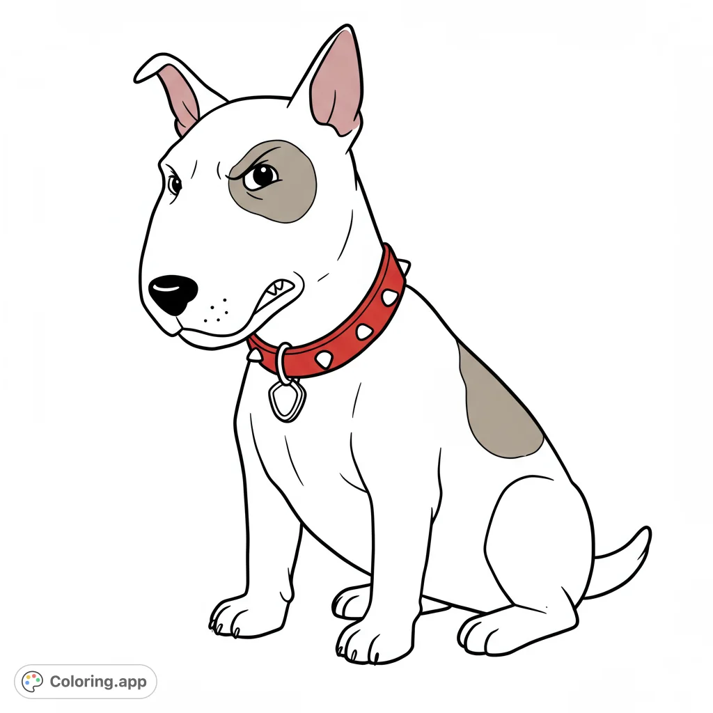 Scud from Toy Story, a fierce English Bull Terrier, ready to be colored! This black and white line art features clean lines, detailed patches, and a studded collar.
