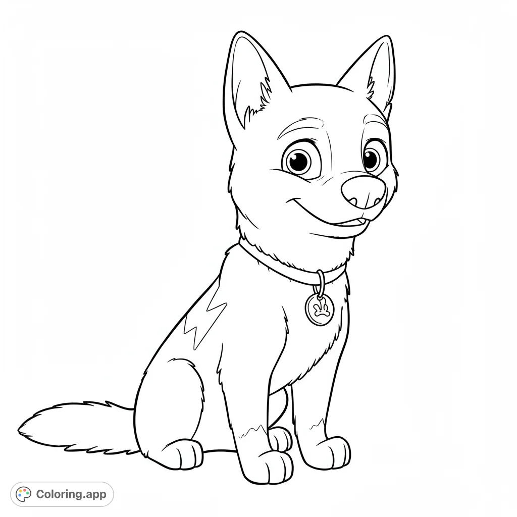 Bolt the super dog! A detailed black and white line art coloring page of Disney's Bolt, featuring clean lines, a lightning bolt, and open spaces for coloring.