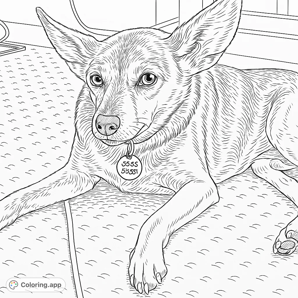 Detailed coloring page of a cute dog with big ears lying on the floor. A fun and relaxing activity for dog lovers of all ages.