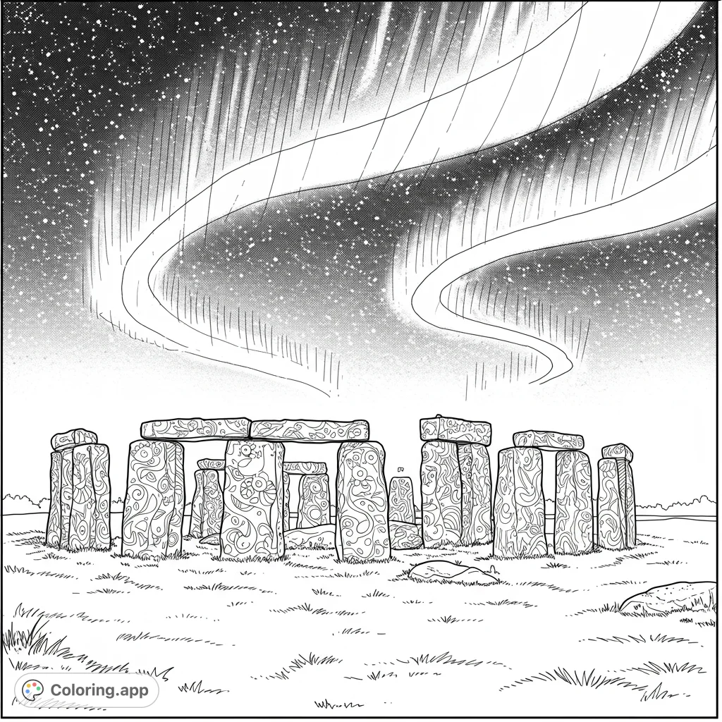 Northern Lights dance over Stonehenge in this detailed coloring page. Features clean lines, open spaces, and intricate details for creative coloring.