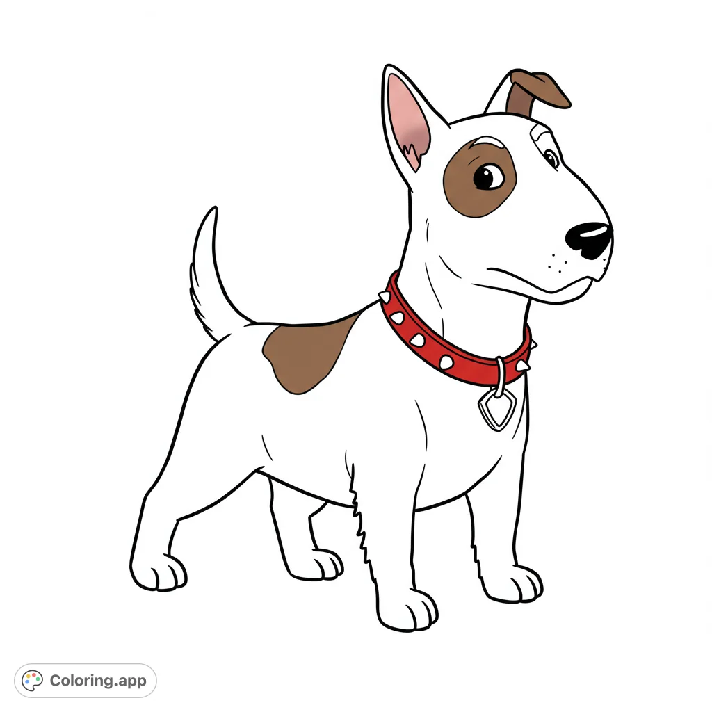 Scud from Toy Story! A detailed black and white line art coloring page of the vicious English Bull Terrier.