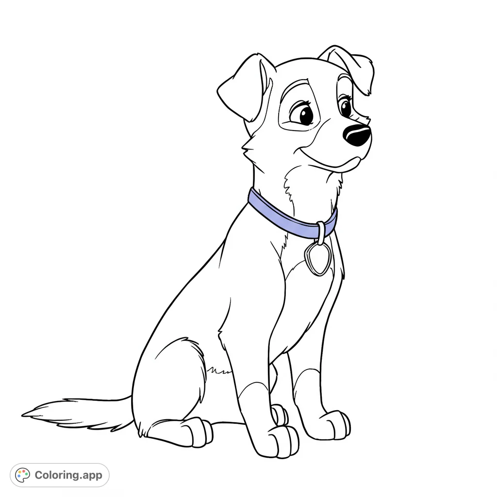 Color Blaze, the adorable light brown German Shepherd from 101 Dalmatians, ready for coloring! Featuring clean lines, a blue collar, and detailed areas.