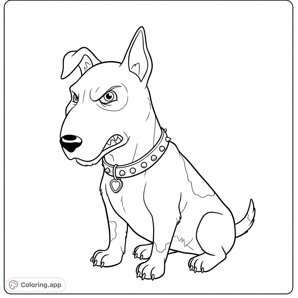 Scud from Toy Story, a vicious English Bull Terrier, ready to be colored! This black and white line art features clean lines, detailed textures, and open spaces for creative coloring.