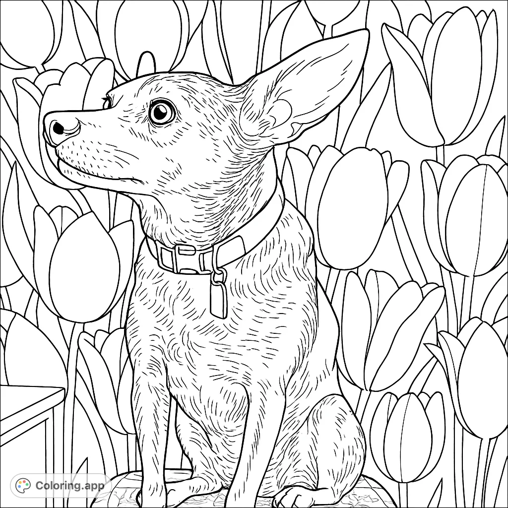 Detailed coloring page of a dog sitting in front of a tulip background. A fun and engaging activity for dog and flower lovers of all ages.